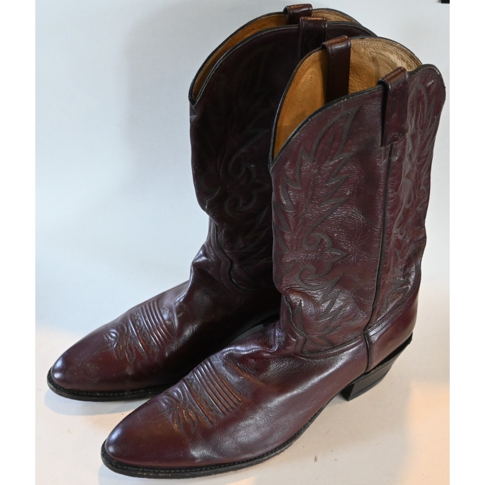 Vtg Dan Post 15 D Oxblood Brown Leather Slip On Point Toe Western Cowboy Boots